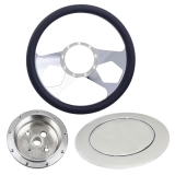 Leather Grip Chrome Plated Aluminum Steering Wheel Kit, Revolution Style With Hub And Smooth Horn Bu Image